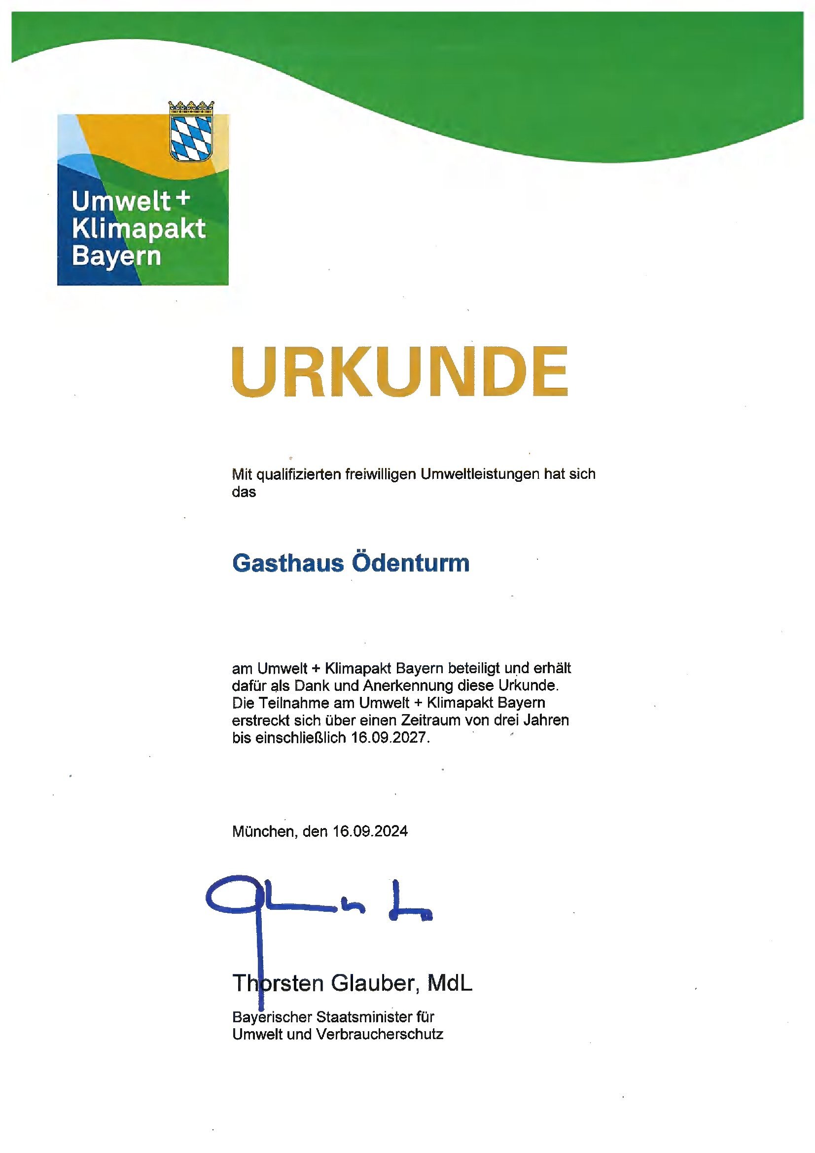 Urkunde Teilnahme am Umwelt- und Klimapakt Bayern – Oedenturm